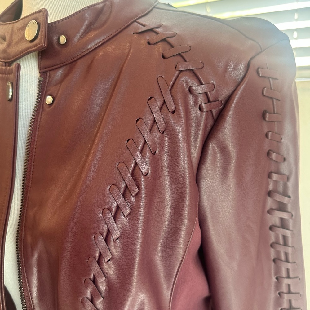 Guess Women's Burgundy Leather Jacket with Lace-Up Detail